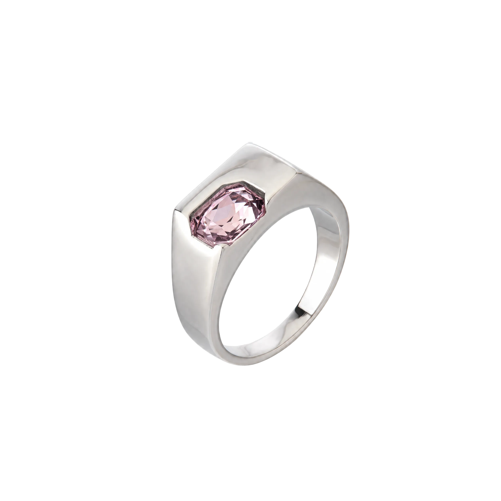 Silver ring with a pink gemstone on a transparent background