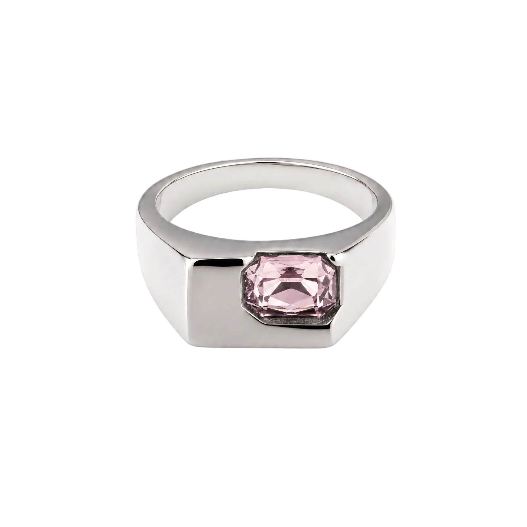 Silver ring with a pink gemstone on a transparent background